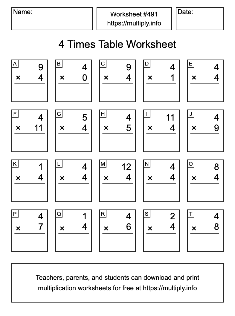4 Times Table Worksheet #491