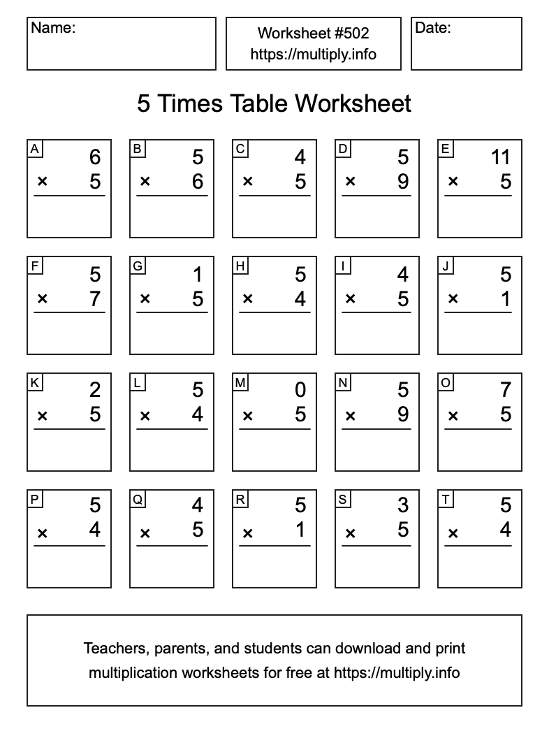 5 Times Table Worksheet #502