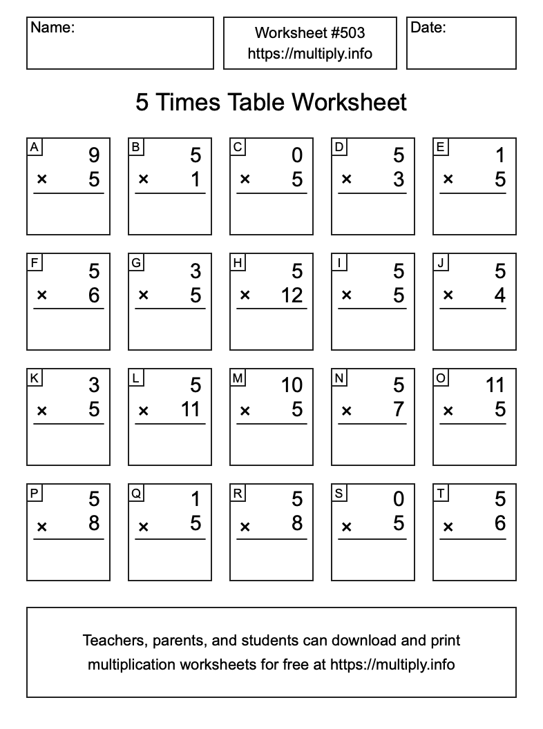 5 Times Table Worksheet #503