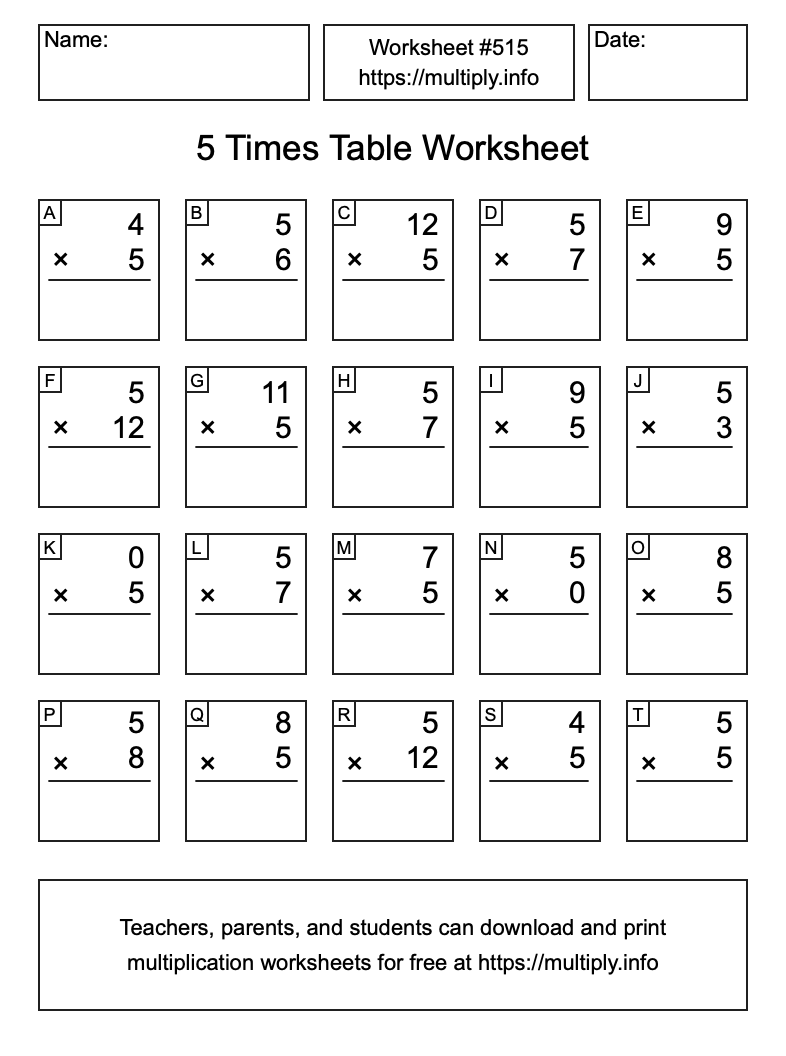 5 Times Table Worksheet #515