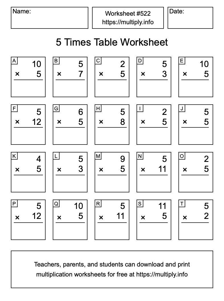 5 Times Table Worksheet #522