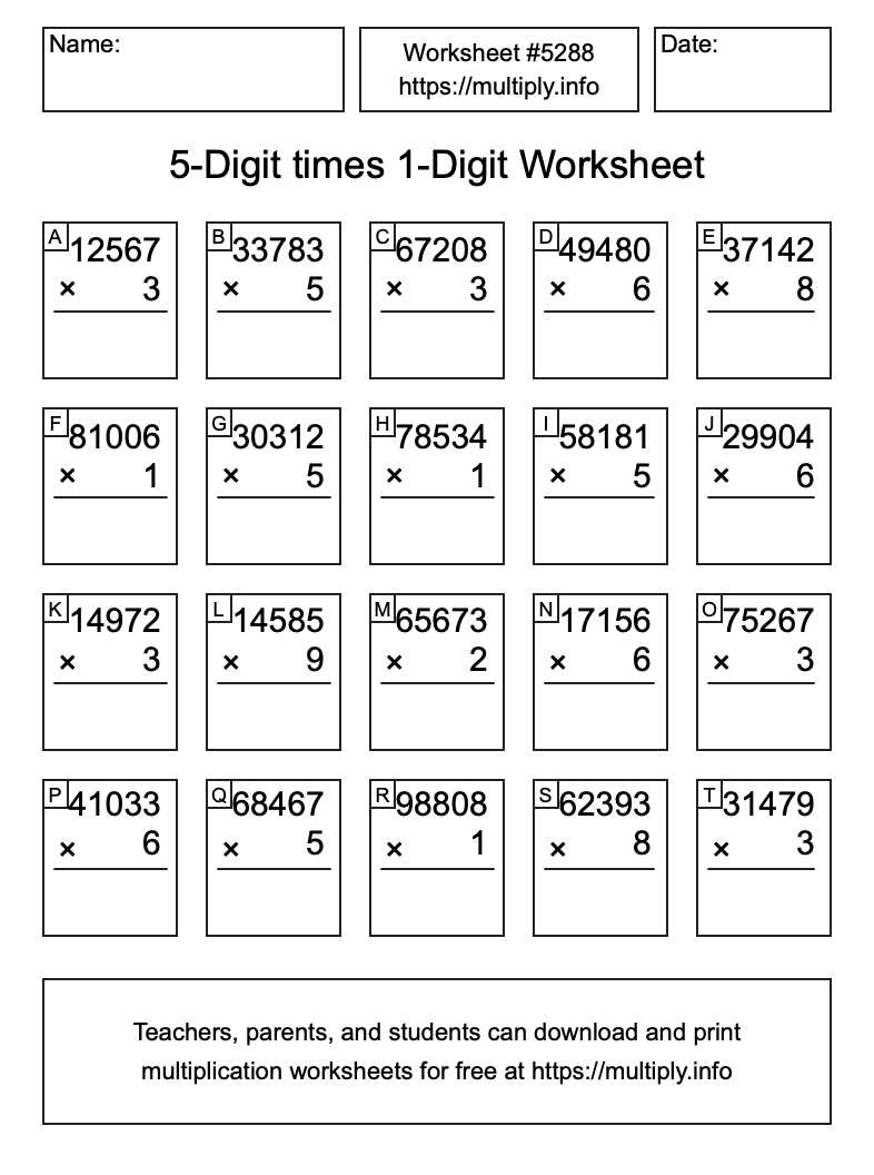 5-Digit times 1-Digit Worksheet #5288