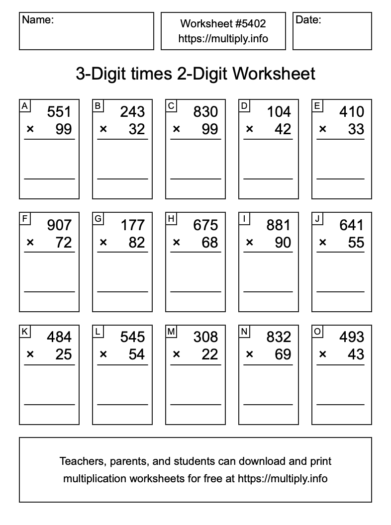 3-Digit times 2-Digit Worksheet #5402