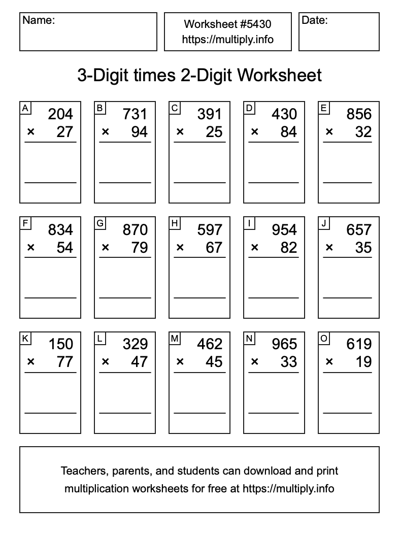 3-Digit times 2-Digit Worksheet #5430