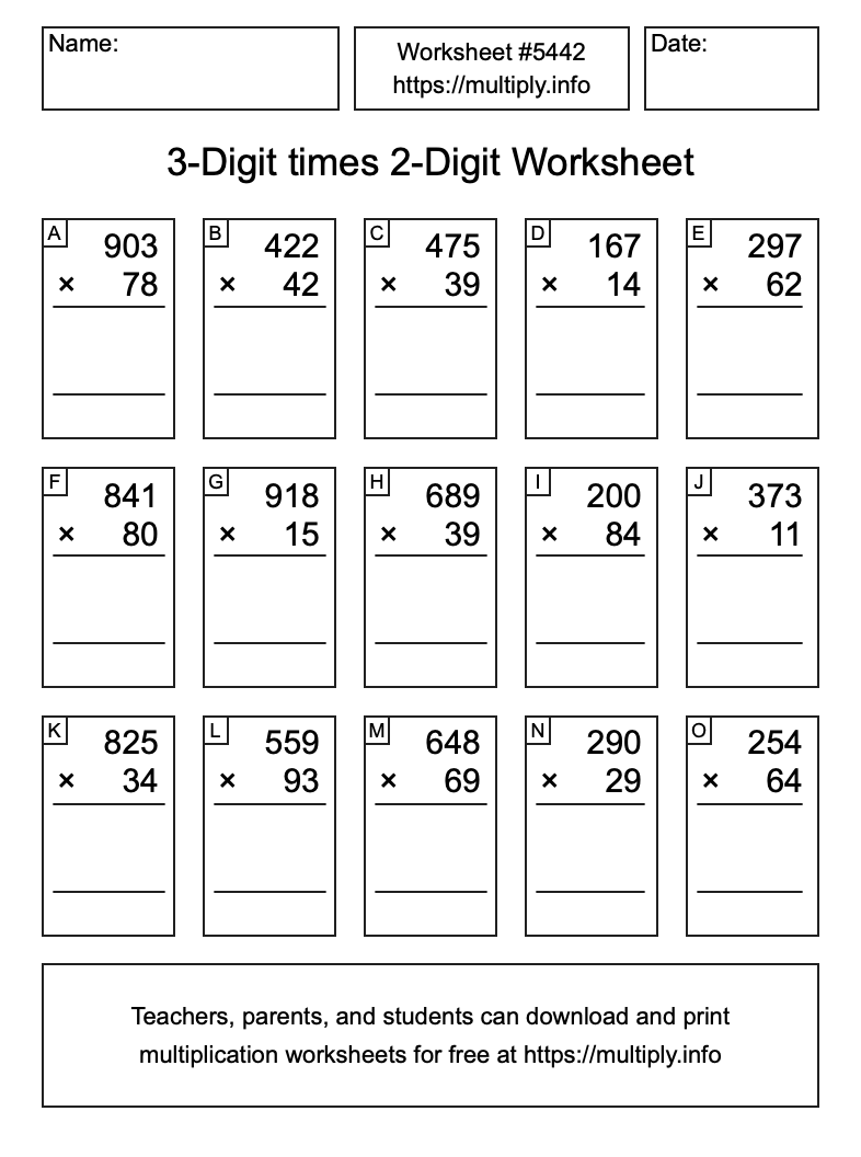3-Digit times 2-Digit Worksheet #5442