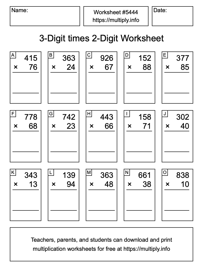 3-Digit times 2-Digit Worksheet #5444