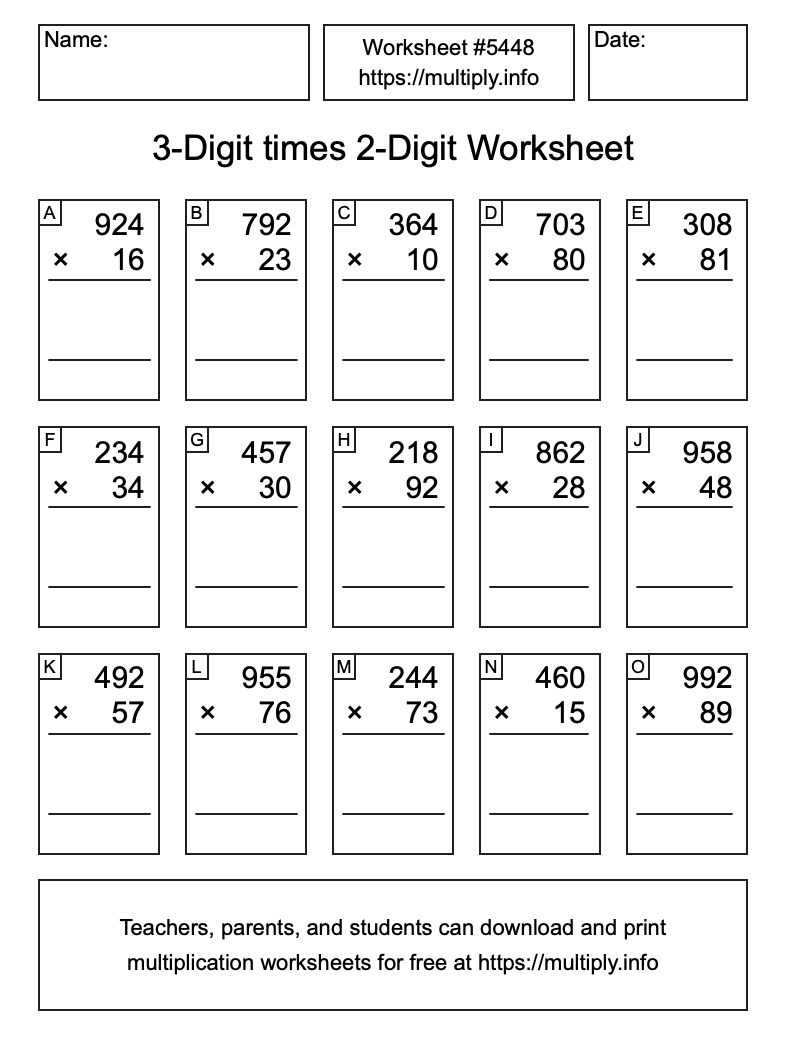3-Digit times 2-Digit Worksheet #5448