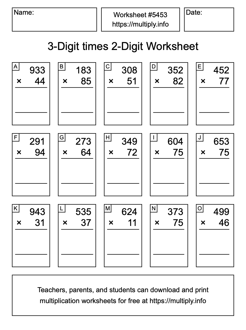 3-Digit times 2-Digit Worksheet #5453