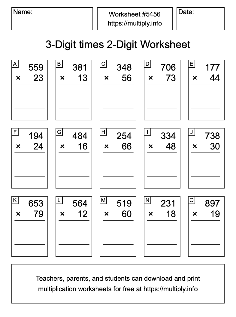 3-Digit times 2-Digit Worksheet #5456