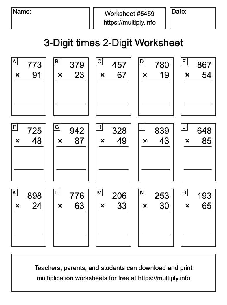 3-Digit times 2-Digit Worksheet #5459