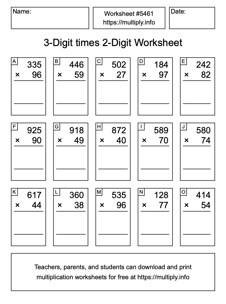 3-Digit times 2-Digit Worksheet #5461