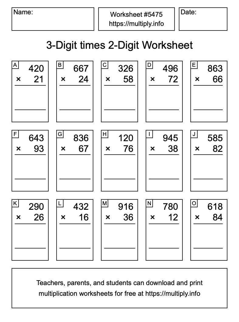 3-Digit times 2-Digit Worksheet #5475