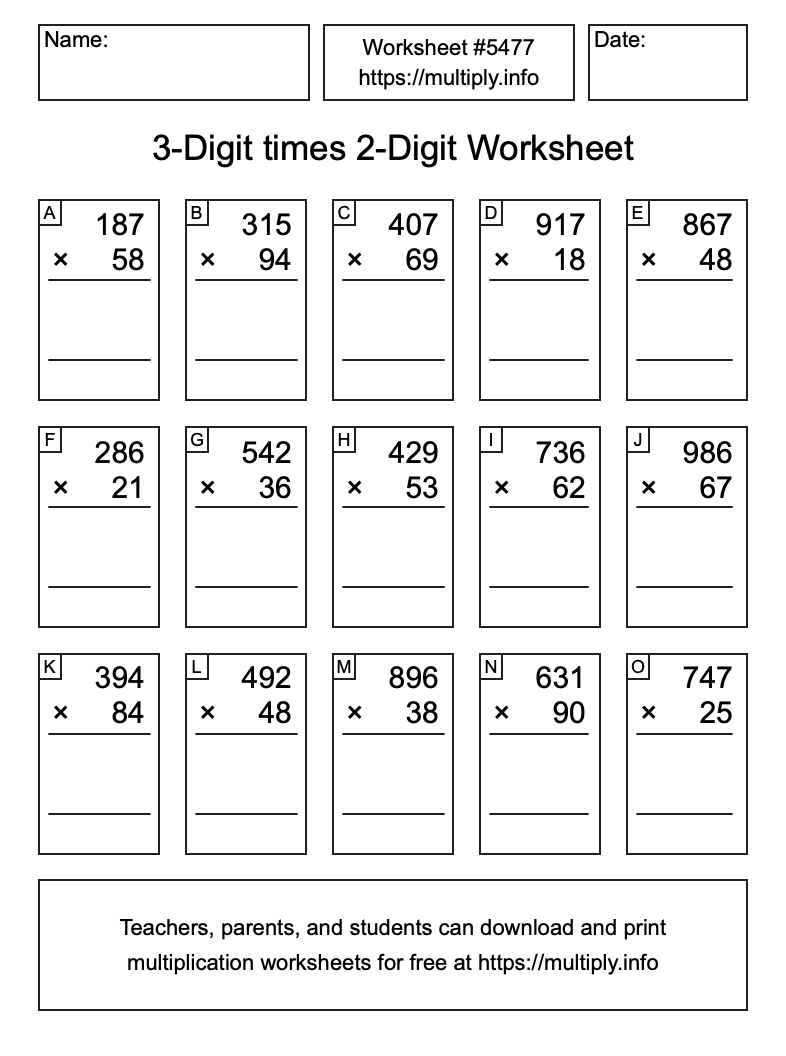 3-Digit times 2-Digit Worksheet #5477