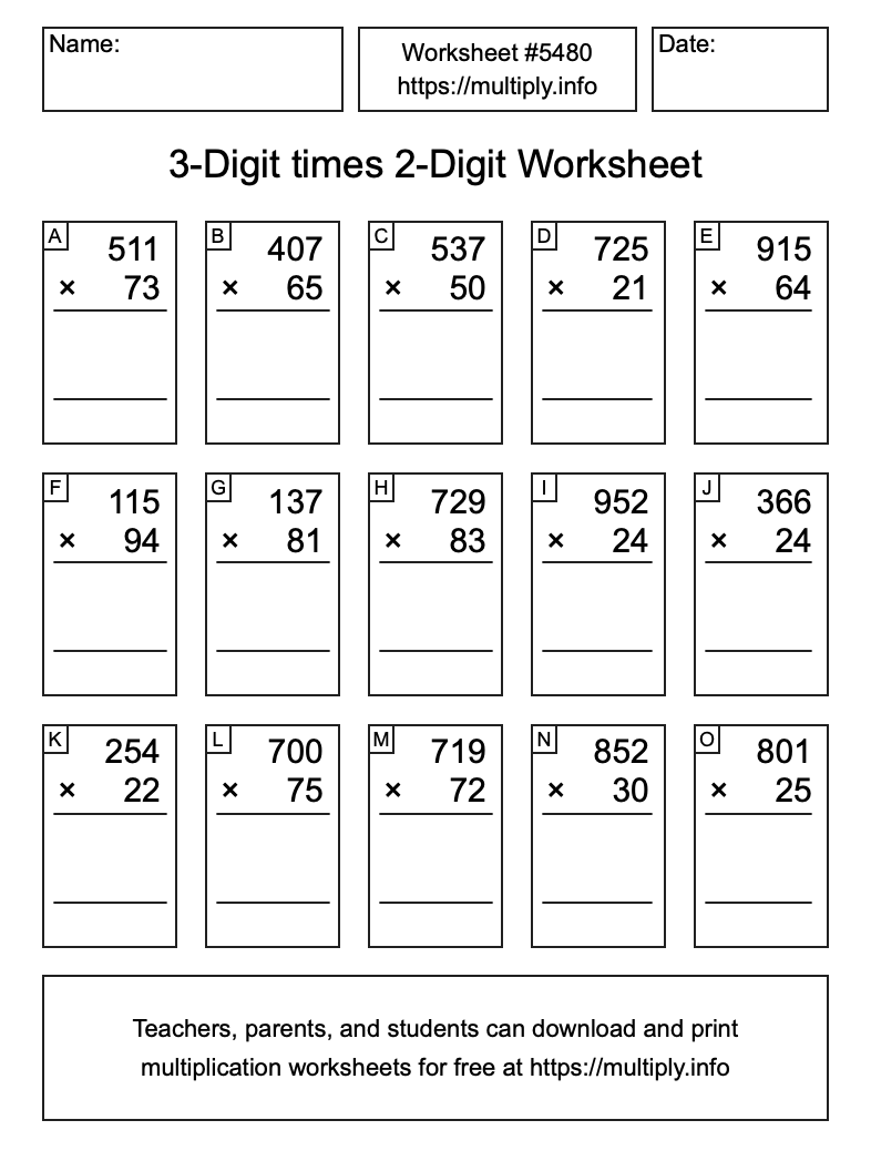 3-Digit times 2-Digit Worksheet #5480