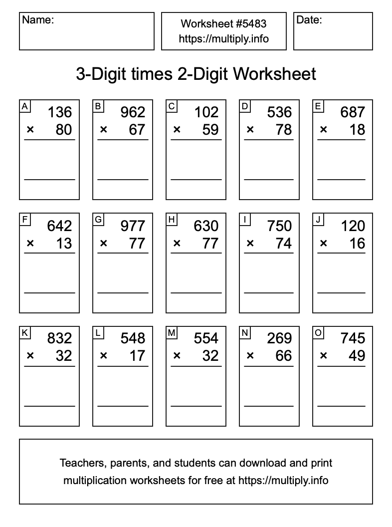 3-Digit times 2-Digit Worksheet #5483