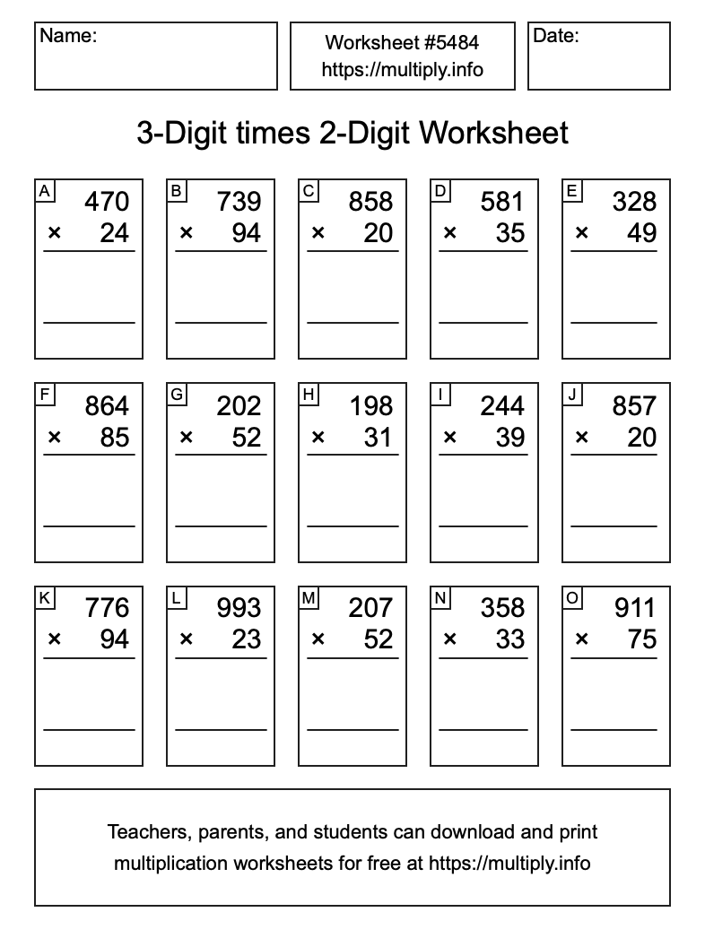 3-Digit times 2-Digit Worksheet #5484