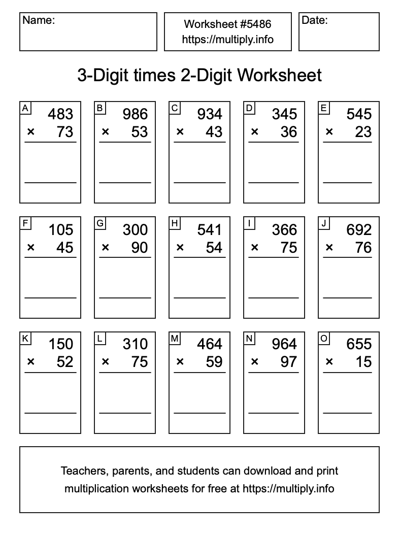 3-Digit times 2-Digit Worksheet #5486