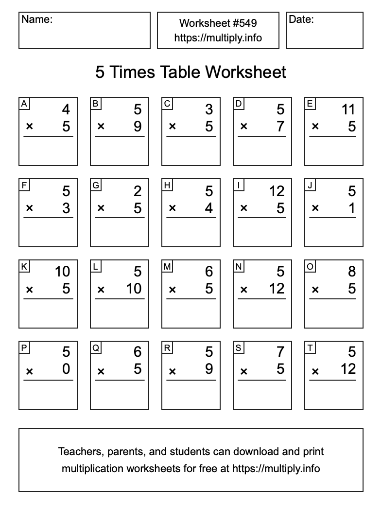 5 Times Table Worksheet #549