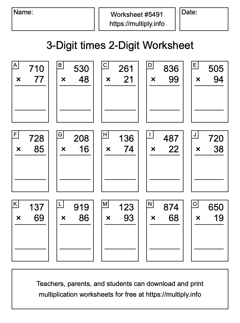 3-Digit times 2-Digit Worksheet #5491