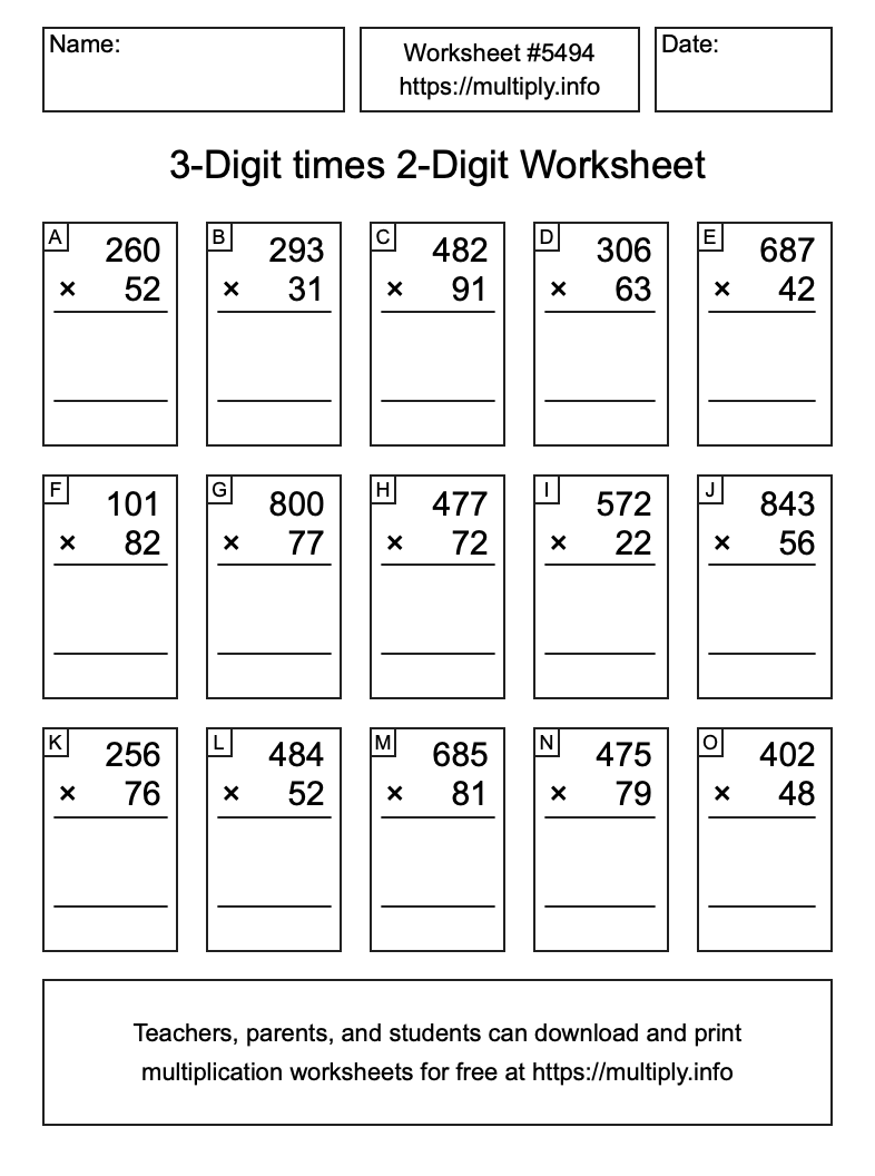 3-Digit times 2-Digit Worksheet #5494