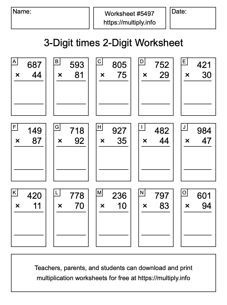 3-Digit times 2-Digit Worksheet #5497