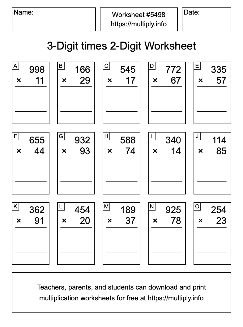 3-Digit times 2-Digit Worksheet #5498