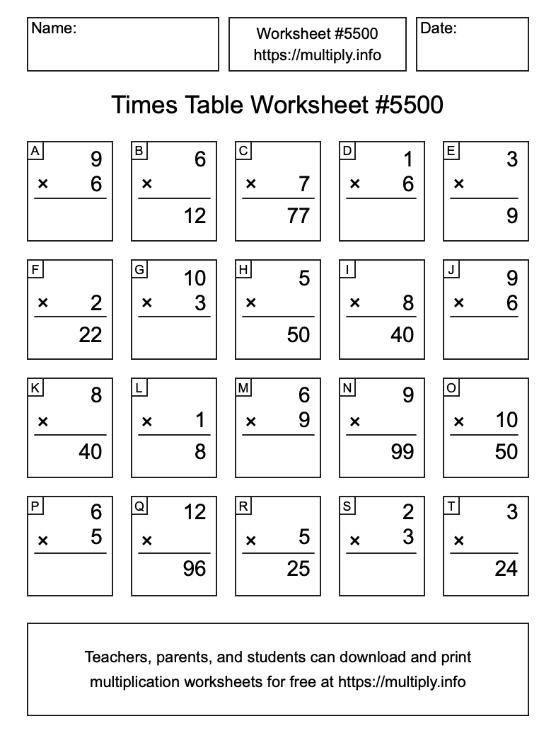 Times Table Worksheet #5500