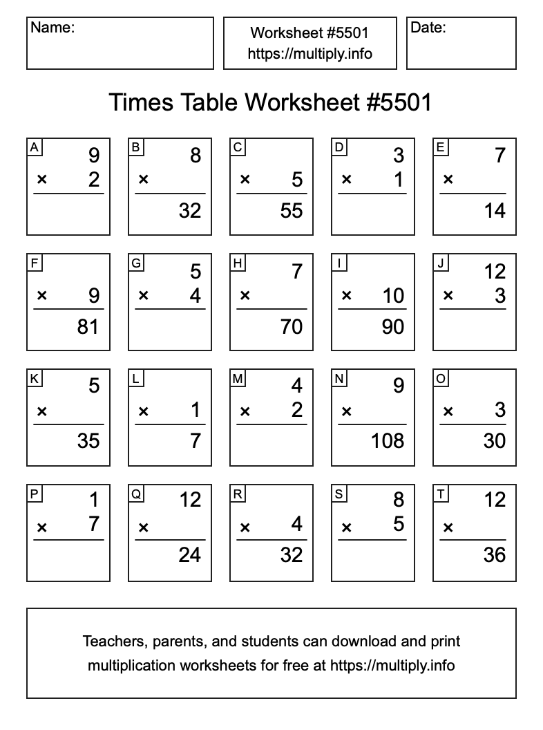 Times Table Worksheet #5501