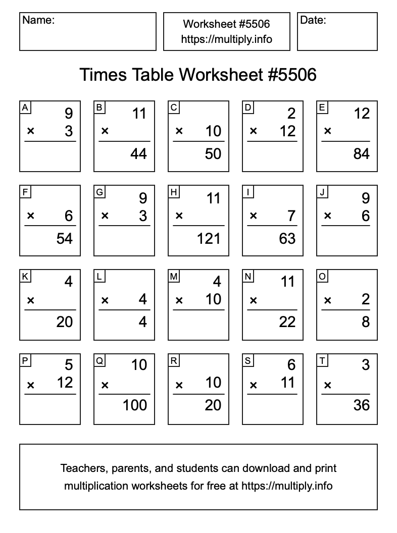 Times Table Worksheet #5506