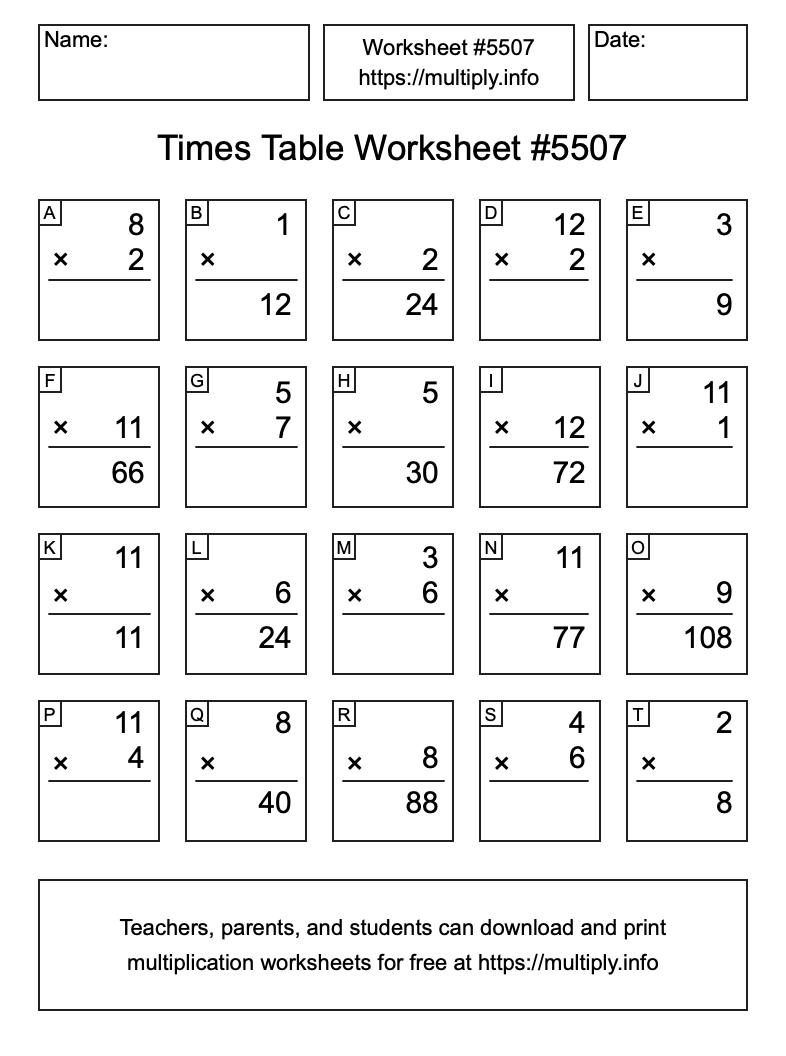 Times Table Worksheet #5507