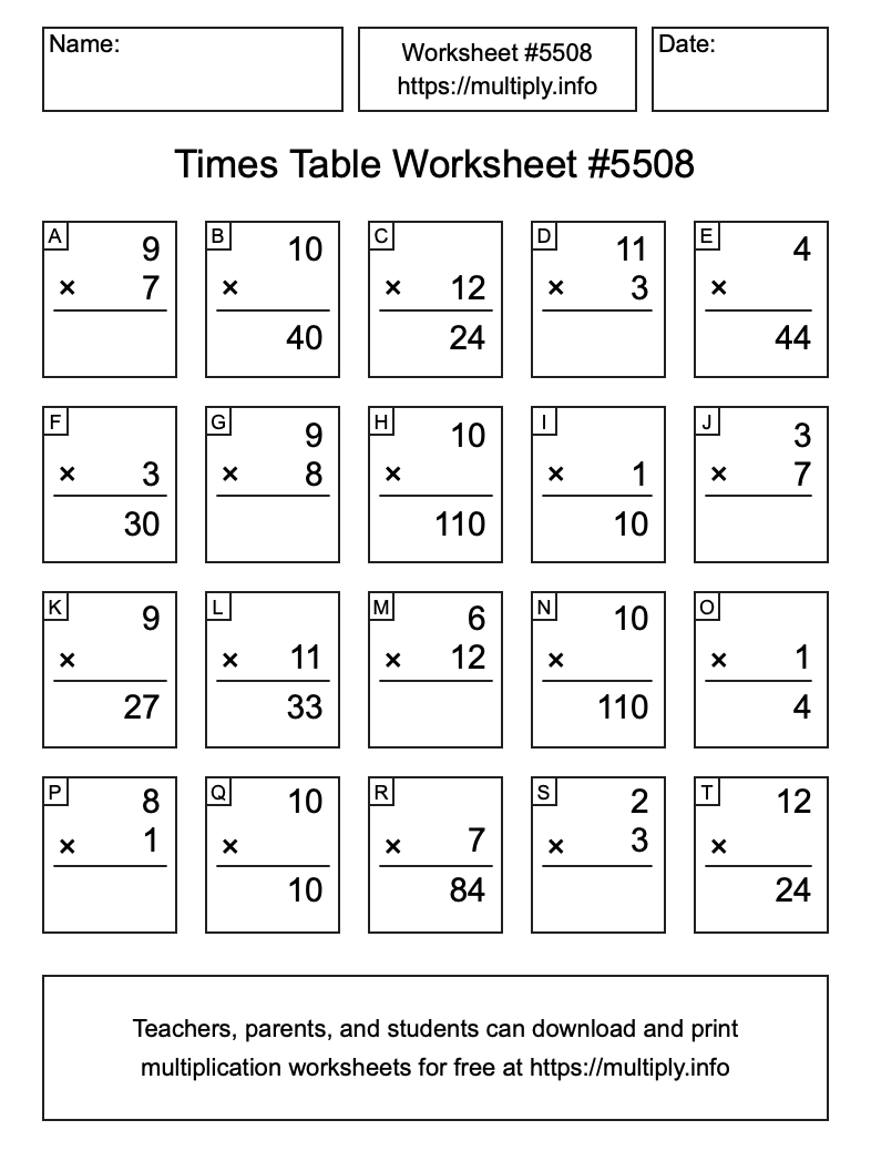 Times Table Worksheet #5508