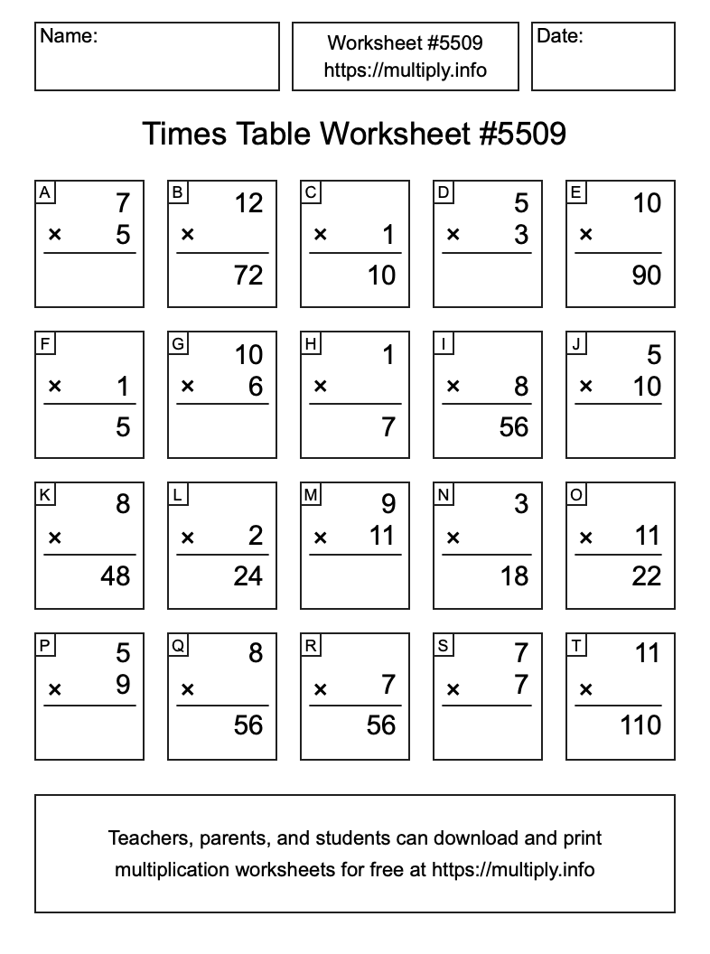 Times Table Worksheet #5509
