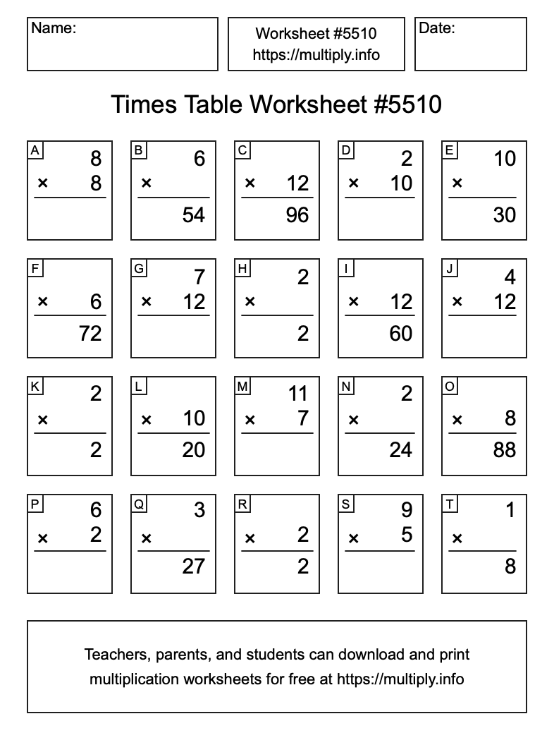 Times Table Worksheet #5510