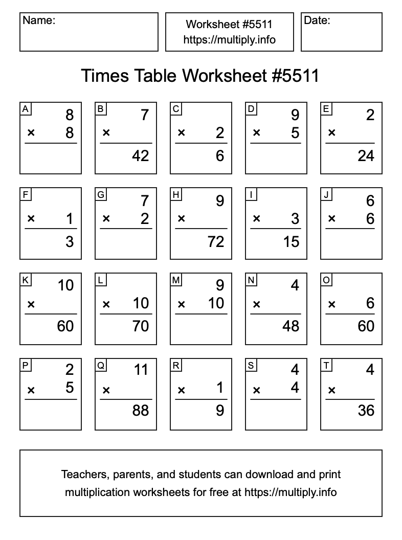 Times Table Worksheet #5511