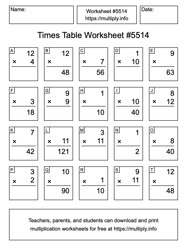 Times Table Worksheet #5514