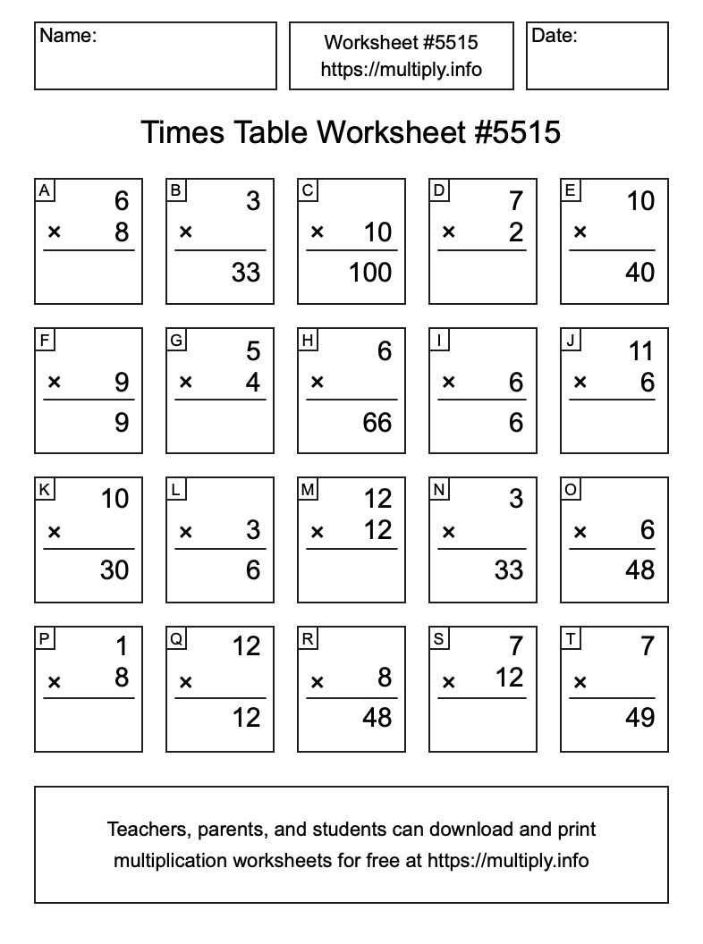 Times Table Worksheet #5515