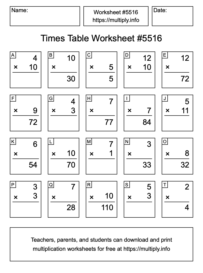 Times Table Worksheet #5516
