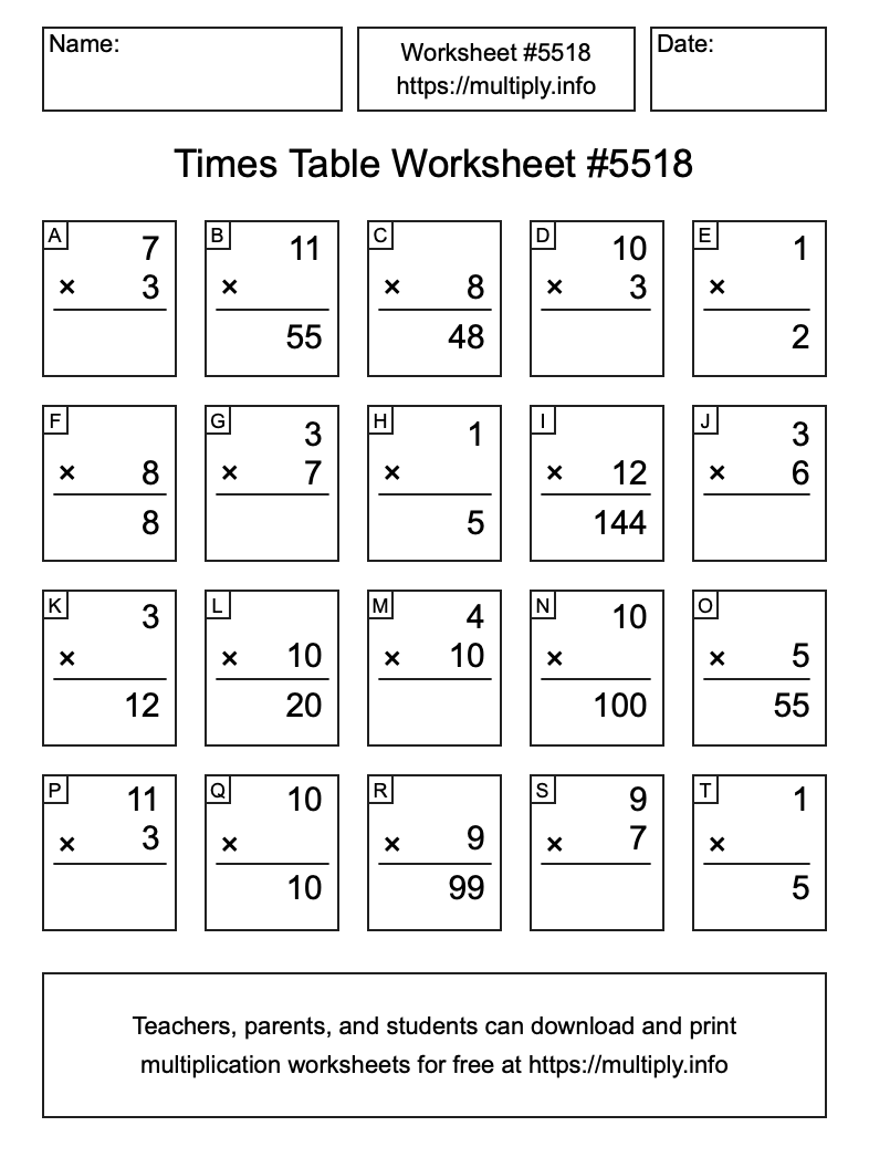 Times Table Worksheet #5518