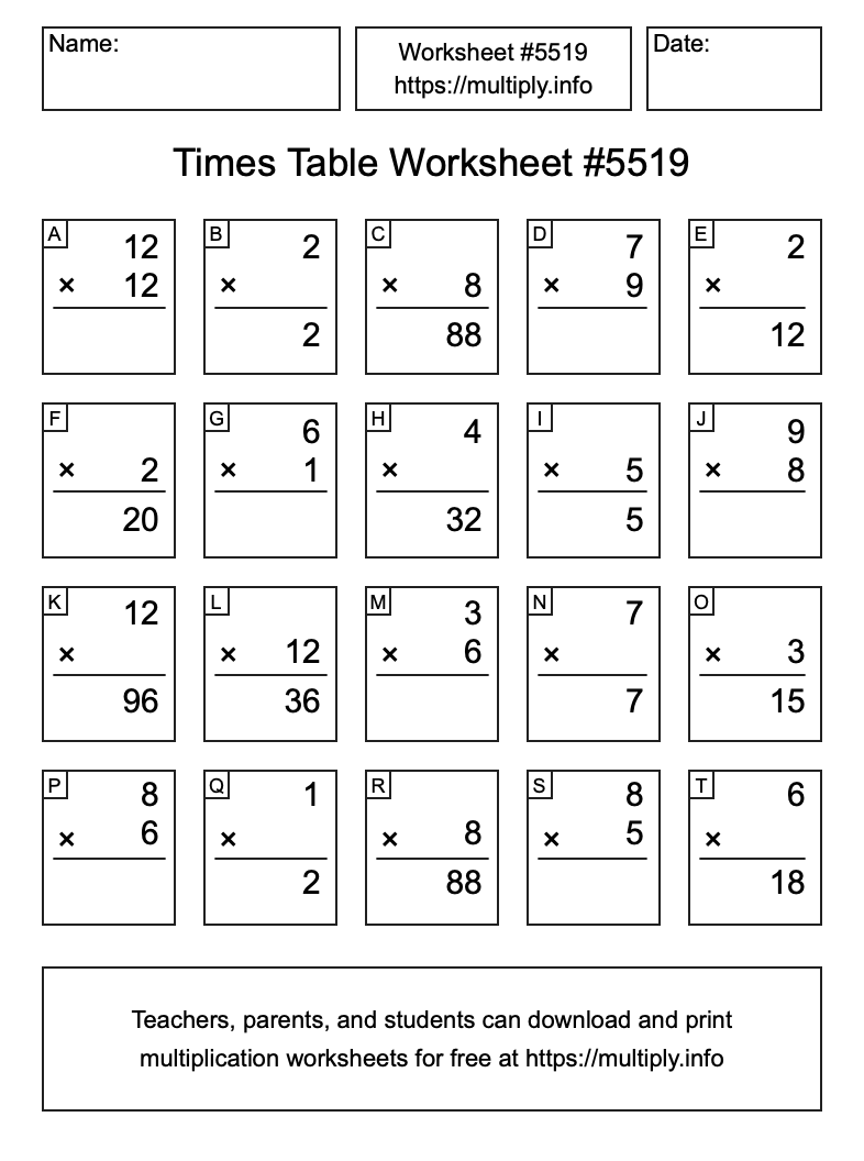 Times Table Worksheet #5519
