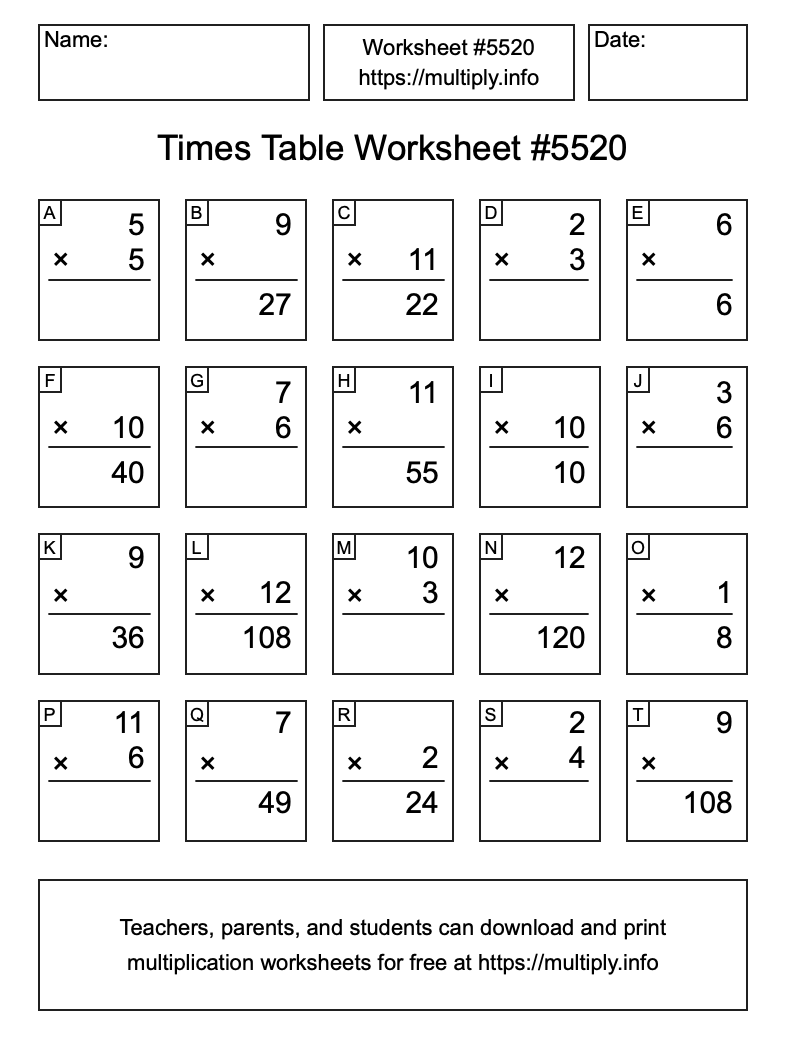 Times Table Worksheet #5520