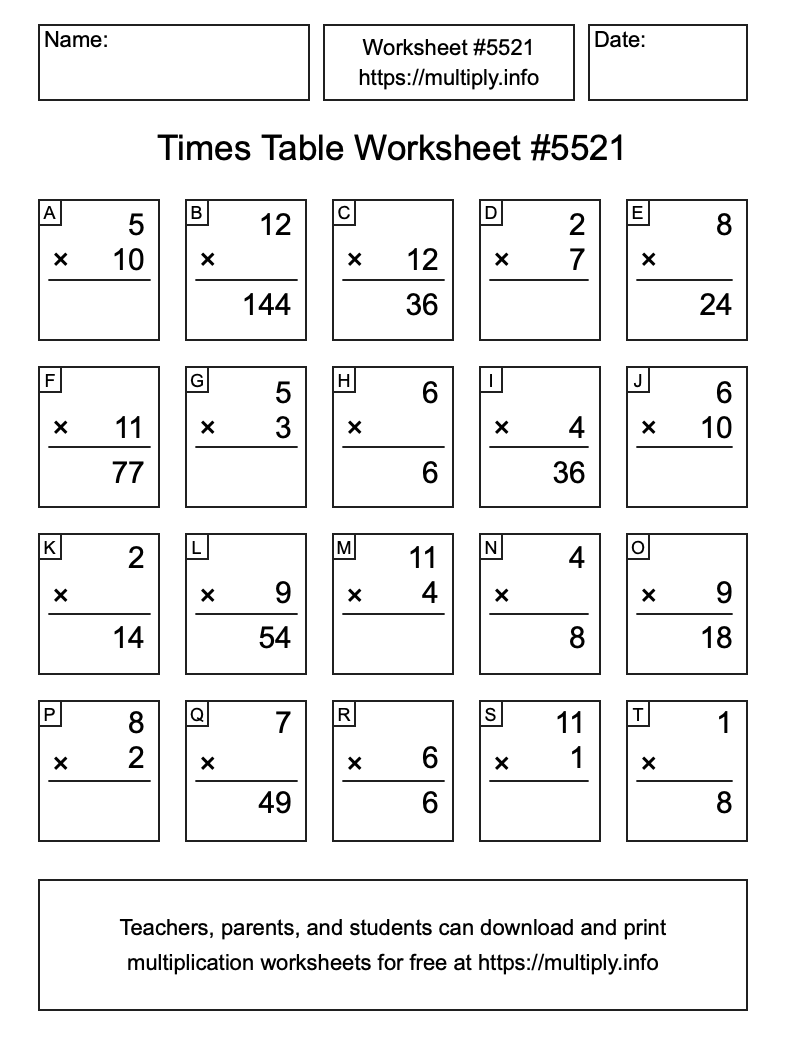 Times Table Worksheet #5521
