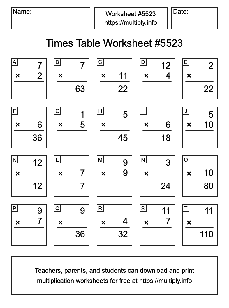 Times Table Worksheet #5523