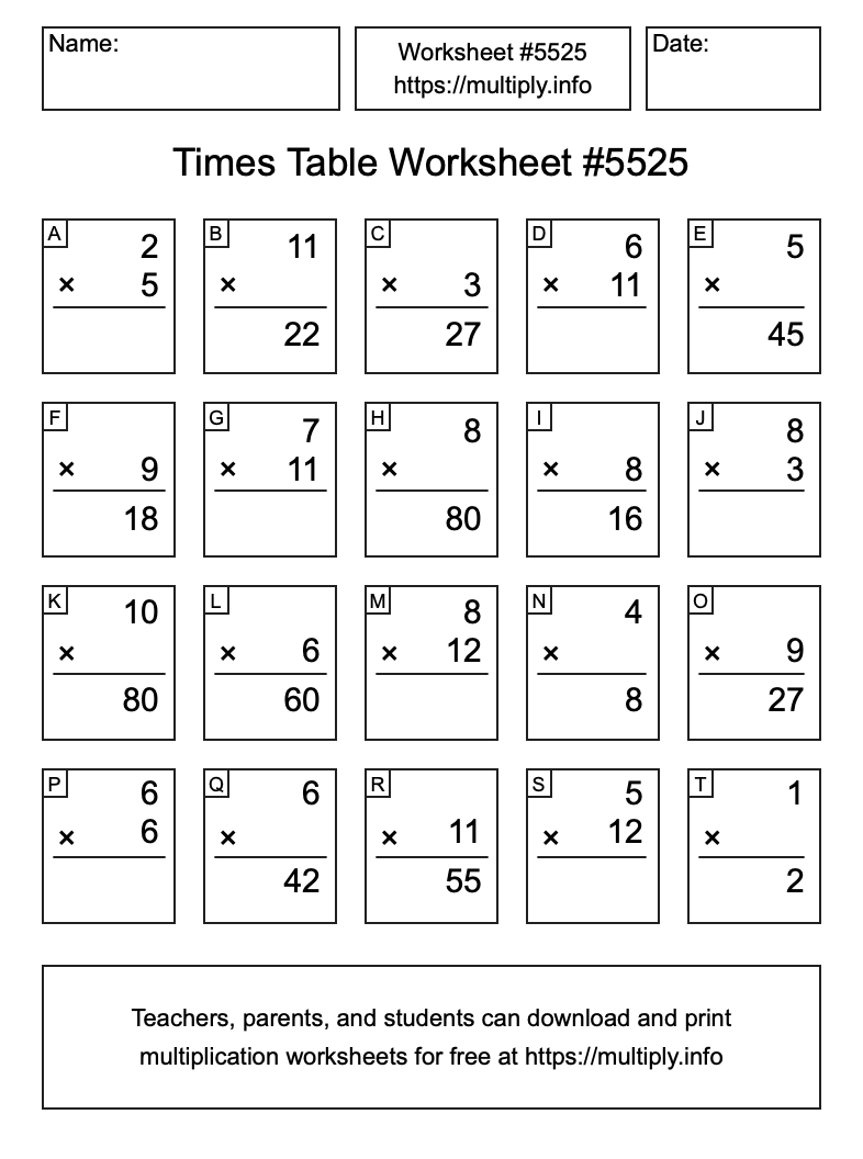 Times Table Worksheet #5525