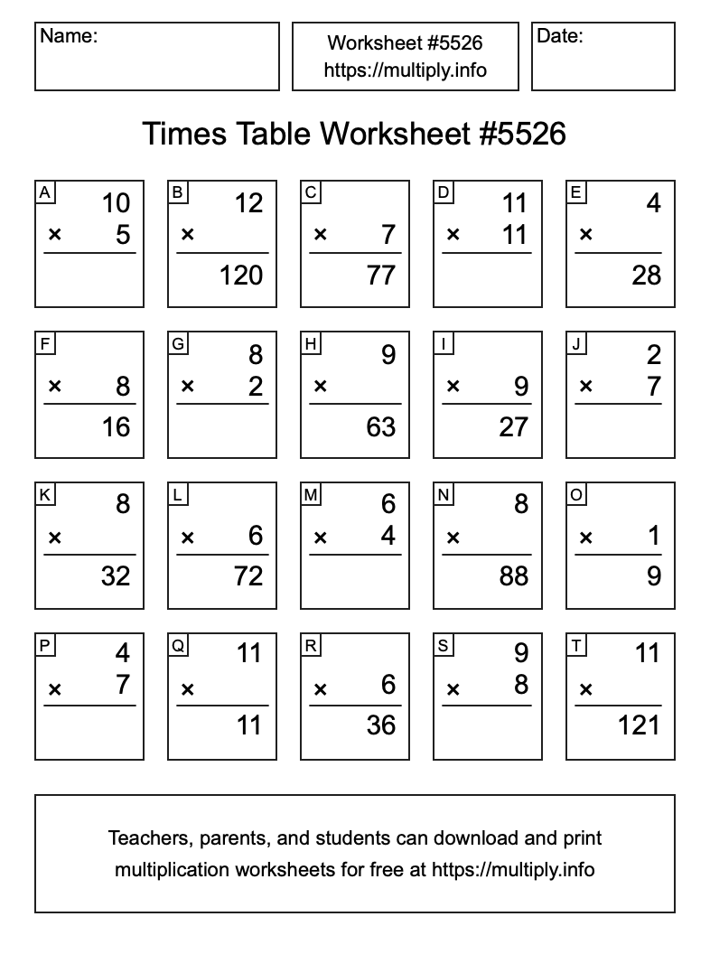Times Table Worksheet #5526