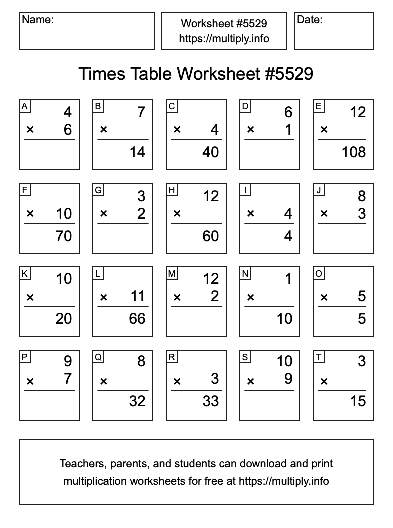 Times Table Worksheet #5529