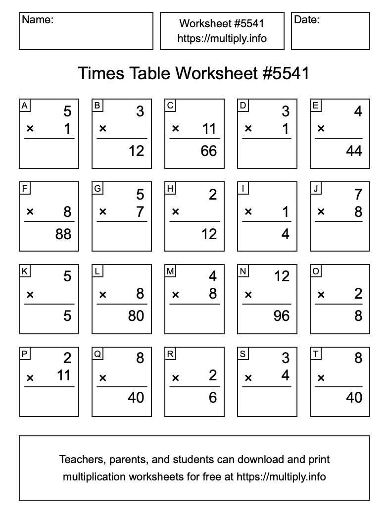 Times Table Worksheet #5541