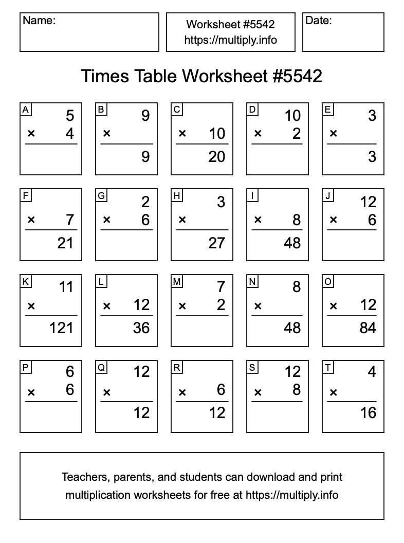 Times Table Worksheet #5542