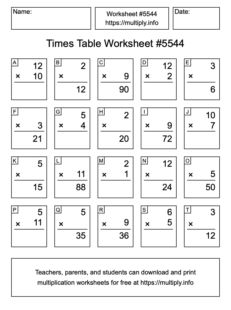 Times Table Worksheet #5544