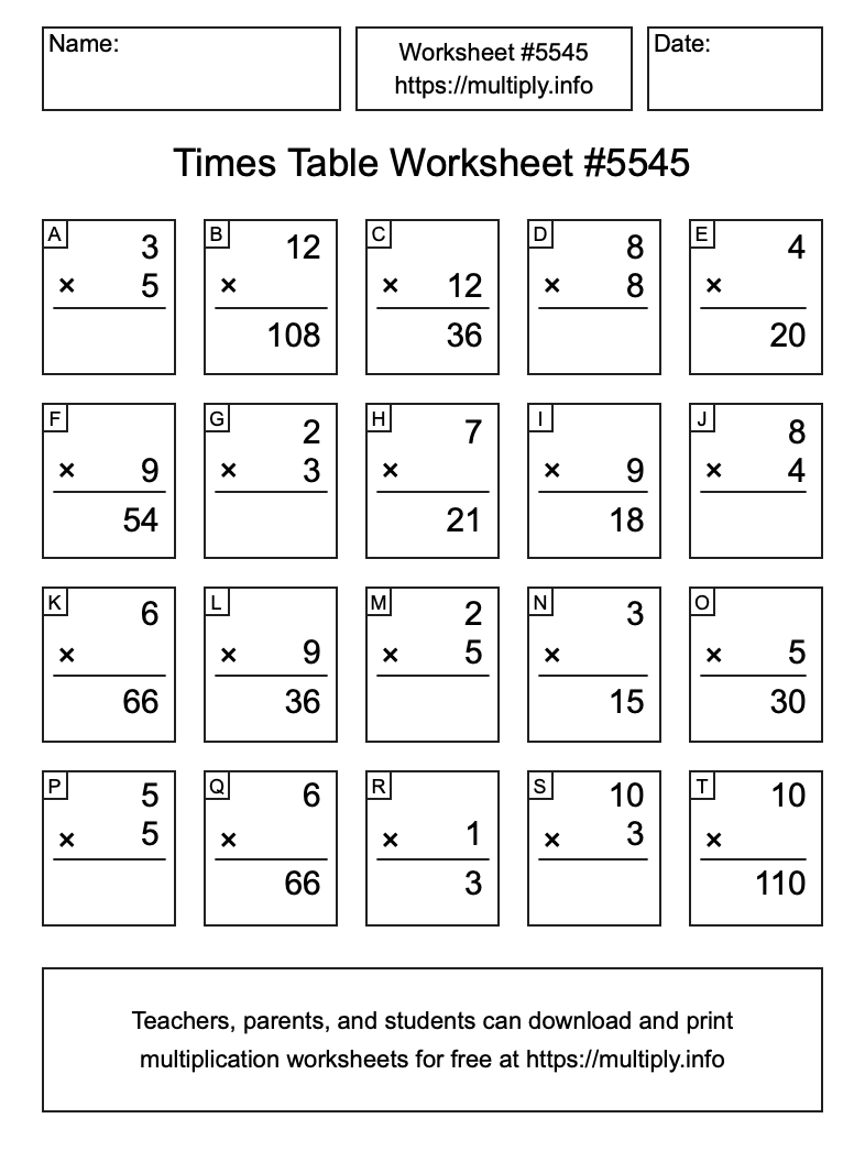 Times Table Worksheet #5545