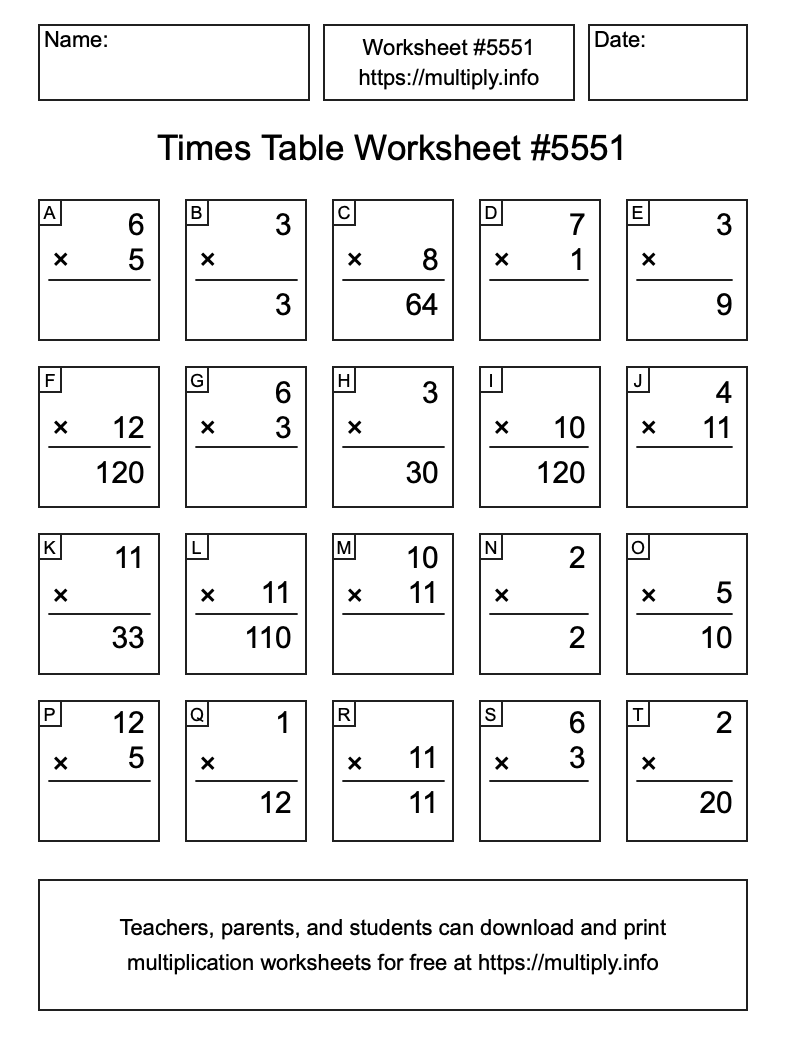Times Table Worksheet #5551